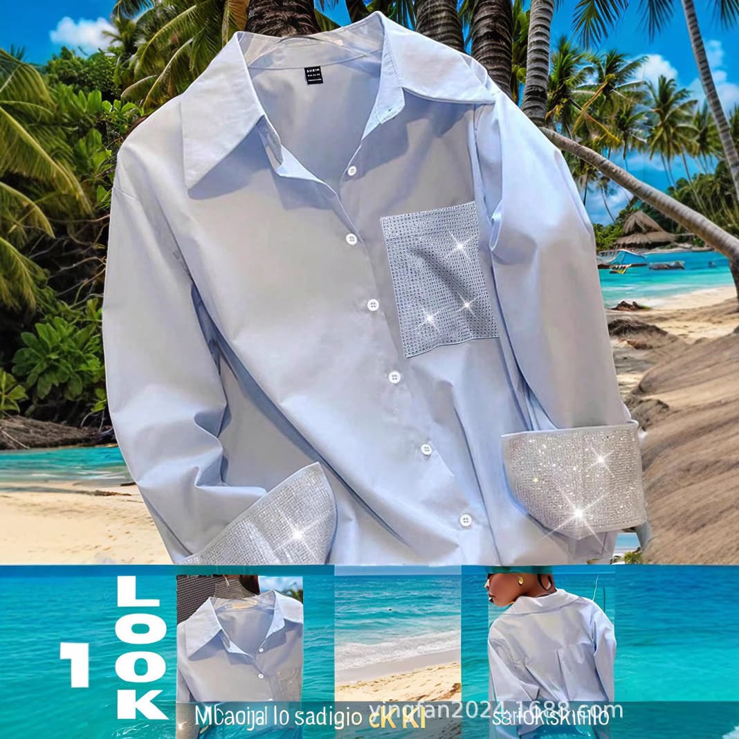 Amazon TikTok Pinduoduo foreign trade cross-border European and American plus size women's new shirt age-reducing long-sleeved blue shirt