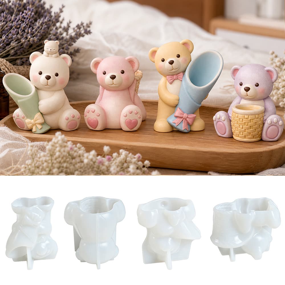 New 3D Bear Scented Gypsum Mold DIY Basket-Carrying Bear Resin Ornament Silicone Mold Set