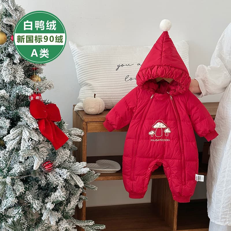 Baby Red Down Jumpsuit Winter Boys Girls Outdoor Hooded Warm Mushroom Down Romper