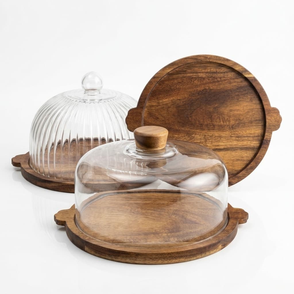 Acacia Wood Cake Stand with Glass Dome, Dessert Display Tray, Wooden Bread Storage Dust Cover for Home