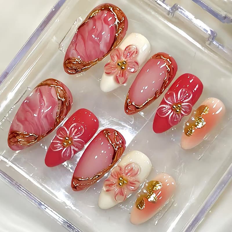 Wearable manicure three-dimensional gilt lines milk apricot ice transparent fake nail patch removable wearable nail patch 30 wholesale