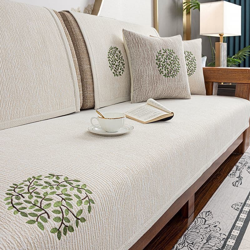 J5D New Chinese Style Sofa Cushion Cover, All-Season Non-Slip Solid Wood Seat Pad, Chenille Sofa Slipcover, High-End Sofa Cover