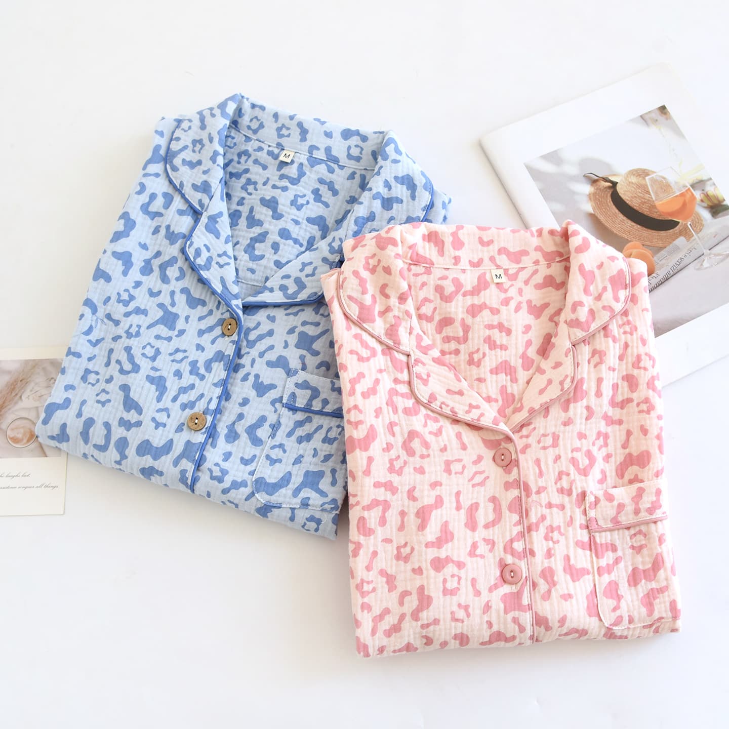 Pure cotton women's pajamas spring, autumn and summer thin double-layer gauze long-sleeved cardigan home wear set leopard print cotton air-conditioning suit