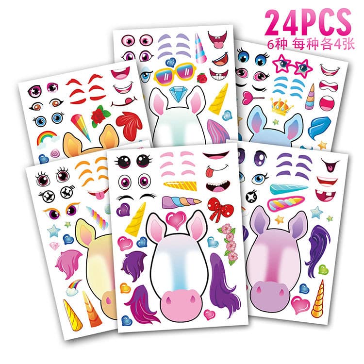 Dreamy Unicorn Party Face Stickers Children's Costume DIY Mixed Animal Stickers Cartoon Style Copperplate Non-drying Glue