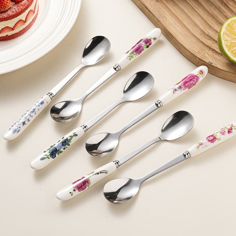 Cross-border Stainless Steel Spoon High-end Ceramic Handle Metal Spoon Fruit Cake Fork Spoon Ice Cream Coffee Spoon