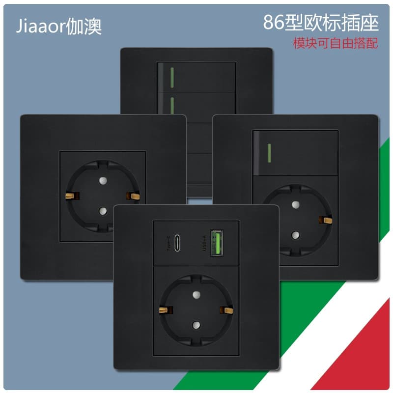 European Standard Switch Socket Panel Double USB plus Type C Dark Mounted 2 Hole Phone Computer Black European Style 16A Phosphor Bronze