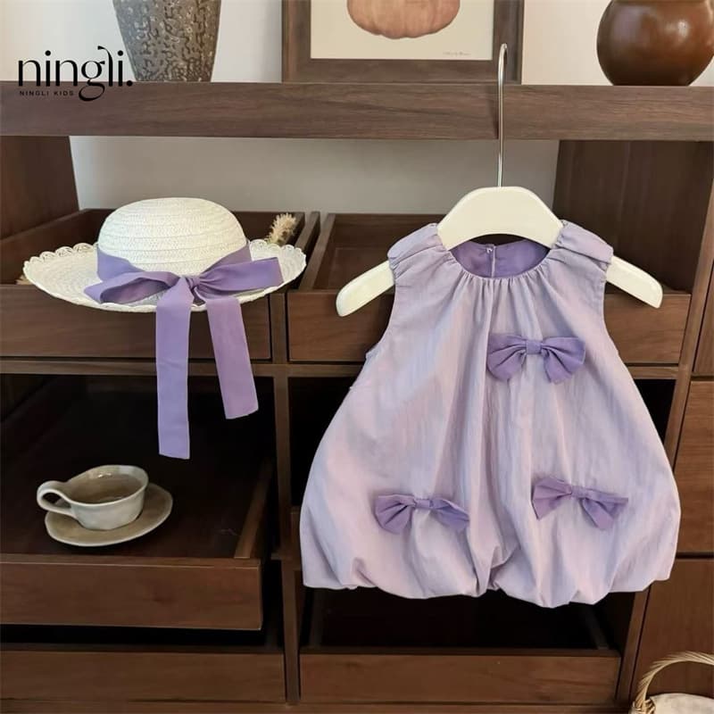 Taro purple! Ningli baby girl summer trendy design niche bow cute sweet flower bud vest dress