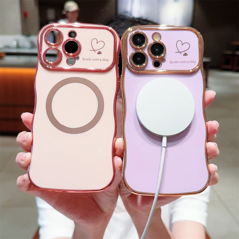 Suitable for iPhone17Pro electroplated double love heart wave large window magnetic phone case Apple 17 side love heart