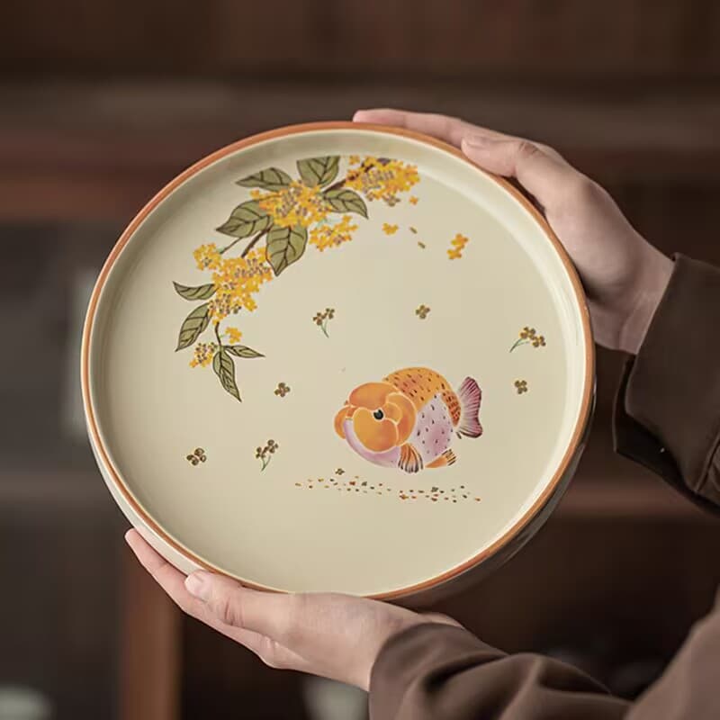 Plant gray big head goldfish pot tea tray ceramic creative small tea table round dry bubble tray tea tray fruit plate