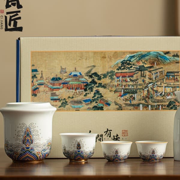 Jingdezhen Ceramic Warmer - River-cliff sea pattern set with cups for home heating of Chinese rice wine and spirits.