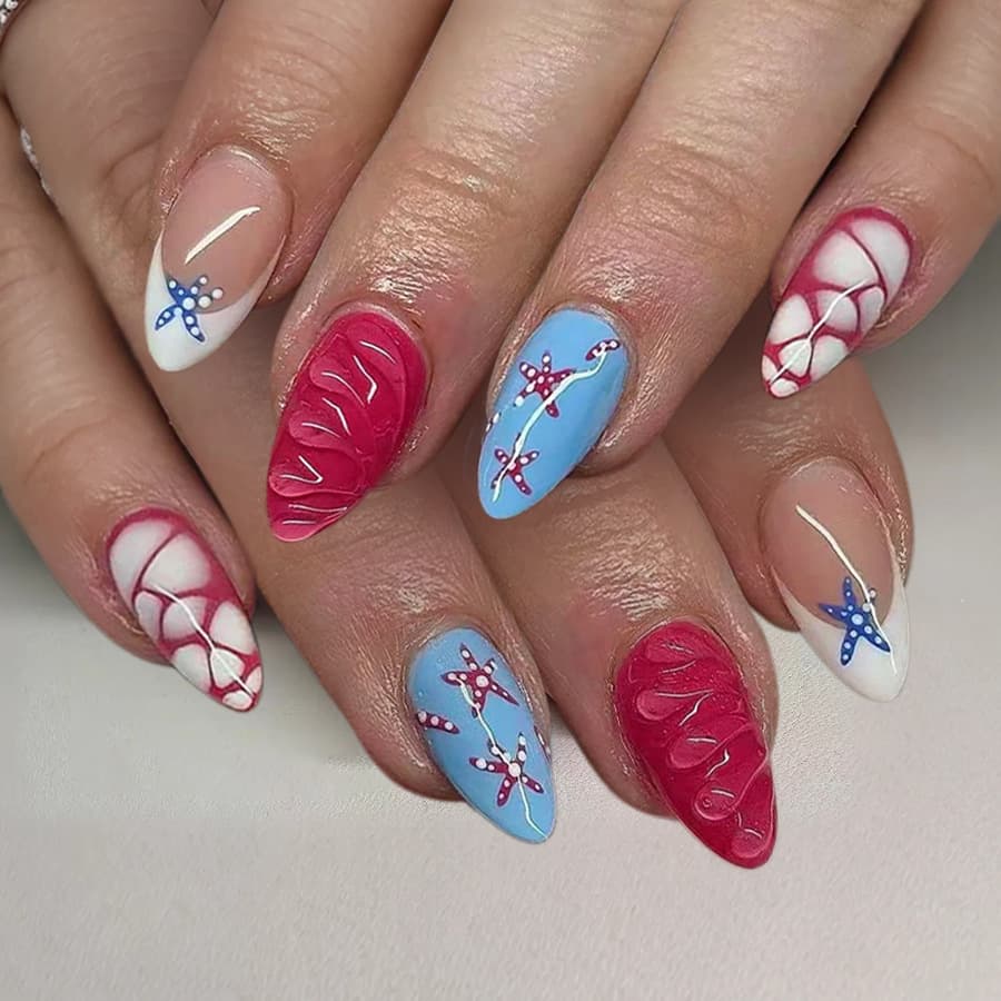Medium Glossy Almond Nails, European-American Cross-Border Spring/Summer New White French Ombre Starfish Gel Press-On Nails 24pcs