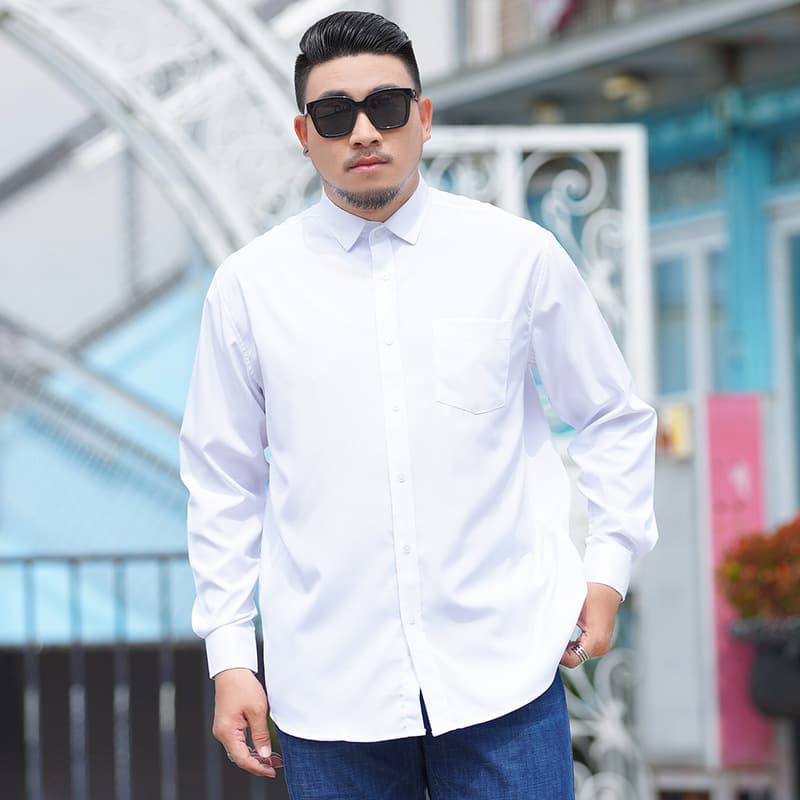 Plus Size Solid White Shirt for Men Long/Short Sleeve Big and Tall Business Casual Spring/Autumn Loose Fit
