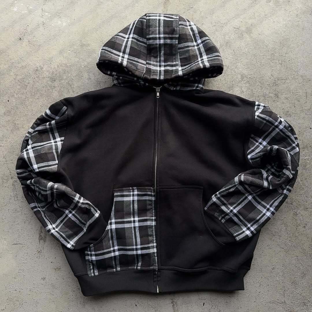 European and American Streets 2026 New Fashion Trend Spliced Plaid Zipper Hoodie Reversible Cross-Border Lulu Sweatshirt