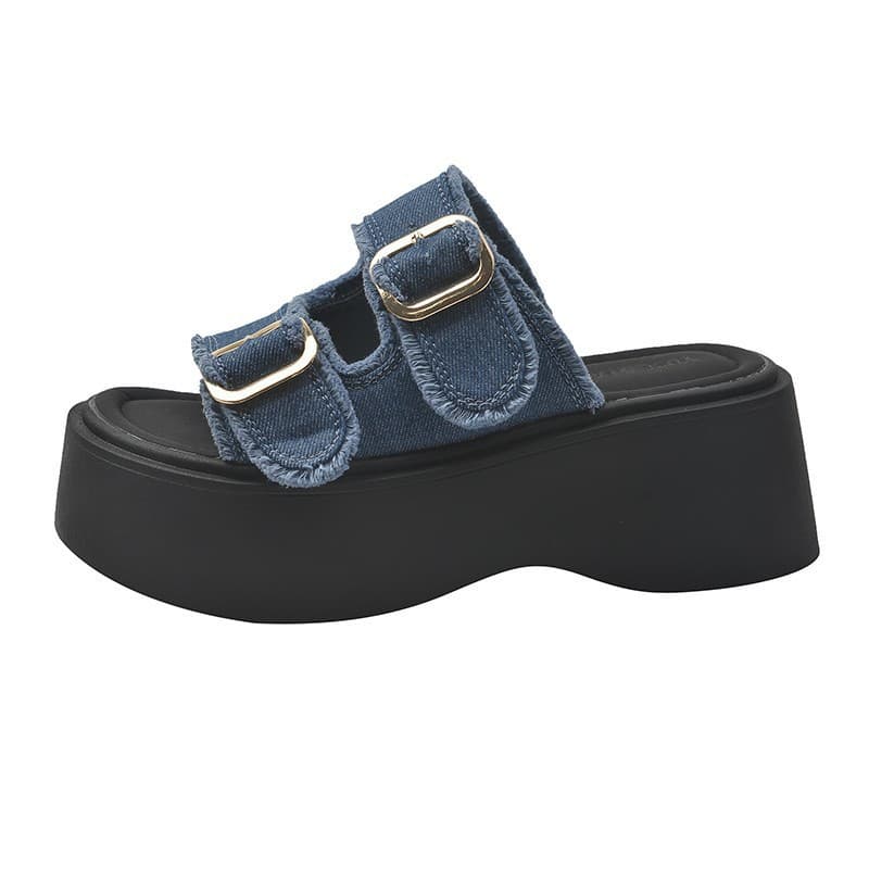 Women's Summer Slippers Denim Double Buckle Thick Sole Platform Slides Heightening Anti-Slip New Casual Women's Shoes