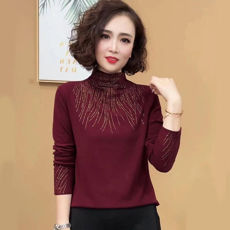 New fashionable autumn and winter half-high collar solid color hot diamond bottoming shirt large size covering belly to reduce age and fashionable mother's top