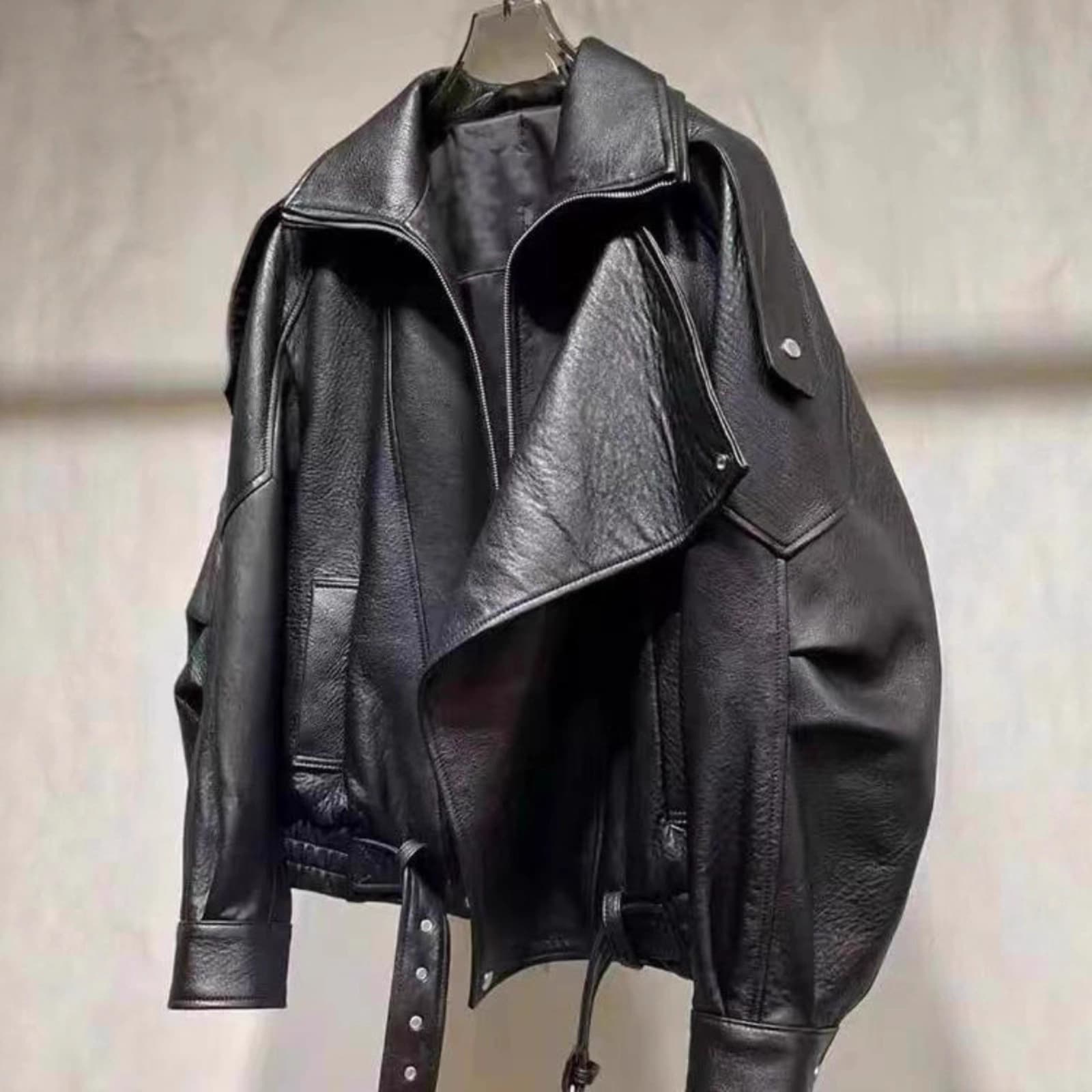 Haining New Style Leather Jacket Motorcycle Biker Loose Fit 2026 Fall New Oversized Double Collar Short Coat for Women