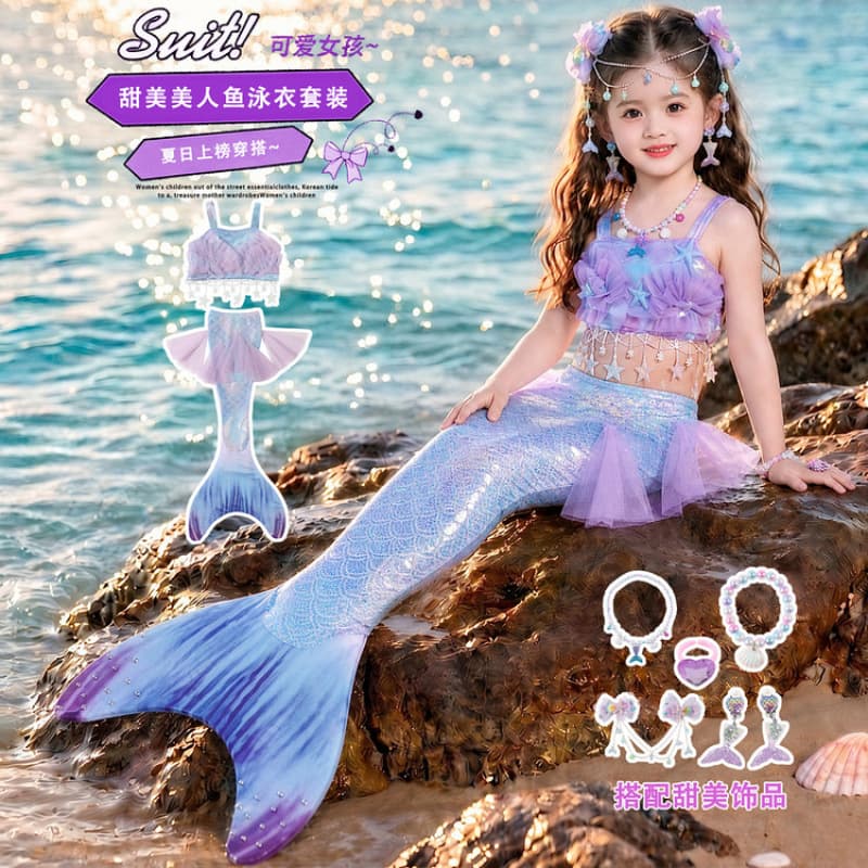 Children's Mermaid Swimsuit for Girls, Iridescent Purple Princess Style Mermaid Tail, Skin-Friendly Play Mermaid Swimsuit