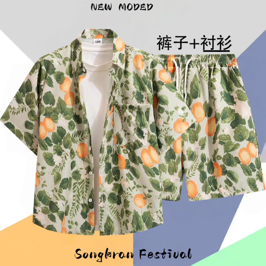 2026 New Thai Floral Shirt and Shorts Set Men's Hawaiian Beach Short Sleeve Shirt Couples Summer Outerwear