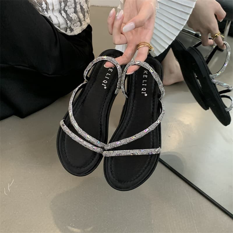 Designer Thin Strap Rhinestone Open-Toe Slide Sandals for Women, 2026 New Silver Flat Sandals