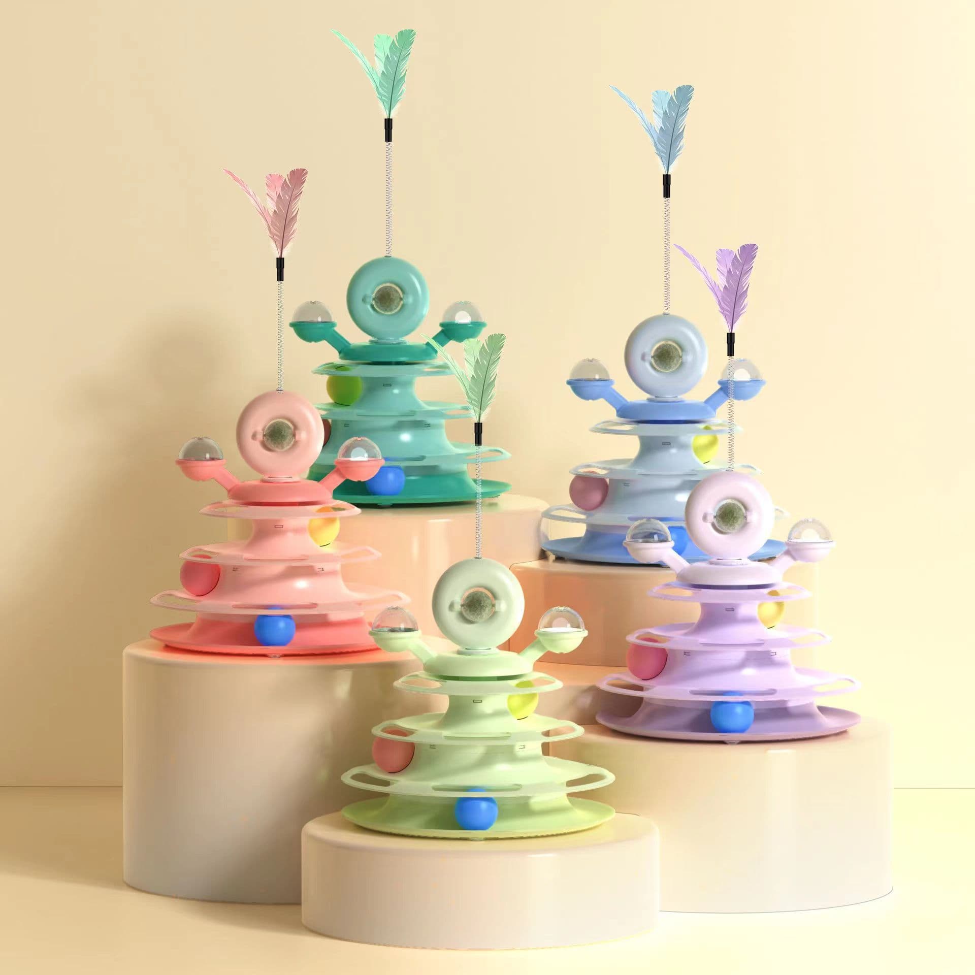Cat Turntable Cat Toy Self-Pleasure Relief Catnip Feather Cat Teasing Stick Four-Layer Cat Tower Rail Amusement Disk Pet Toy