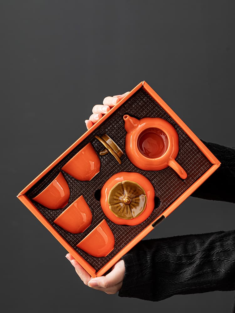 Ceramic Persimmon Auspicious Creative Kung Fu Tea Set, Annual Meeting Gift Souvenir, Complete Teapot and Teacup Gift Box Set