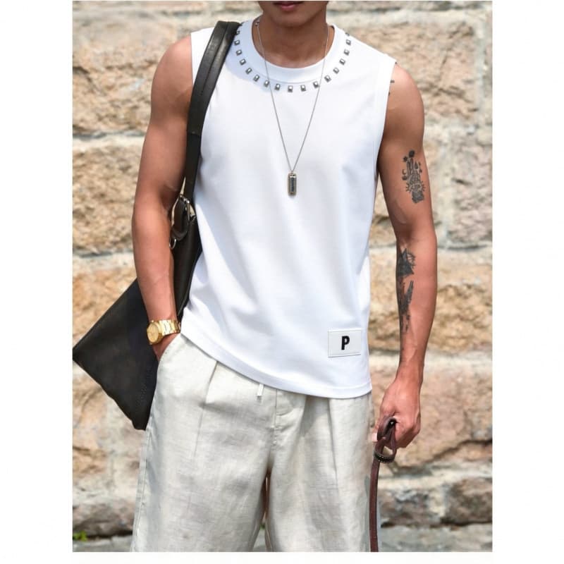 Overseas Cross-border Lao Qian Men Summer Slightly Loose Vest Rivet Sleeveless T-shirt 419-M03 Composition Cotton 73%