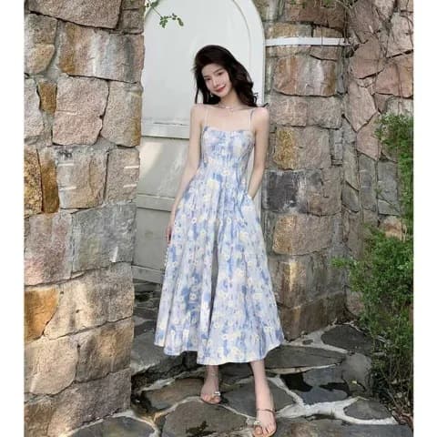 2026 Summer New French Blue Oil Painting Long Dress, Seaside Casual Vacation Beach Dress Floral Strapless Dress