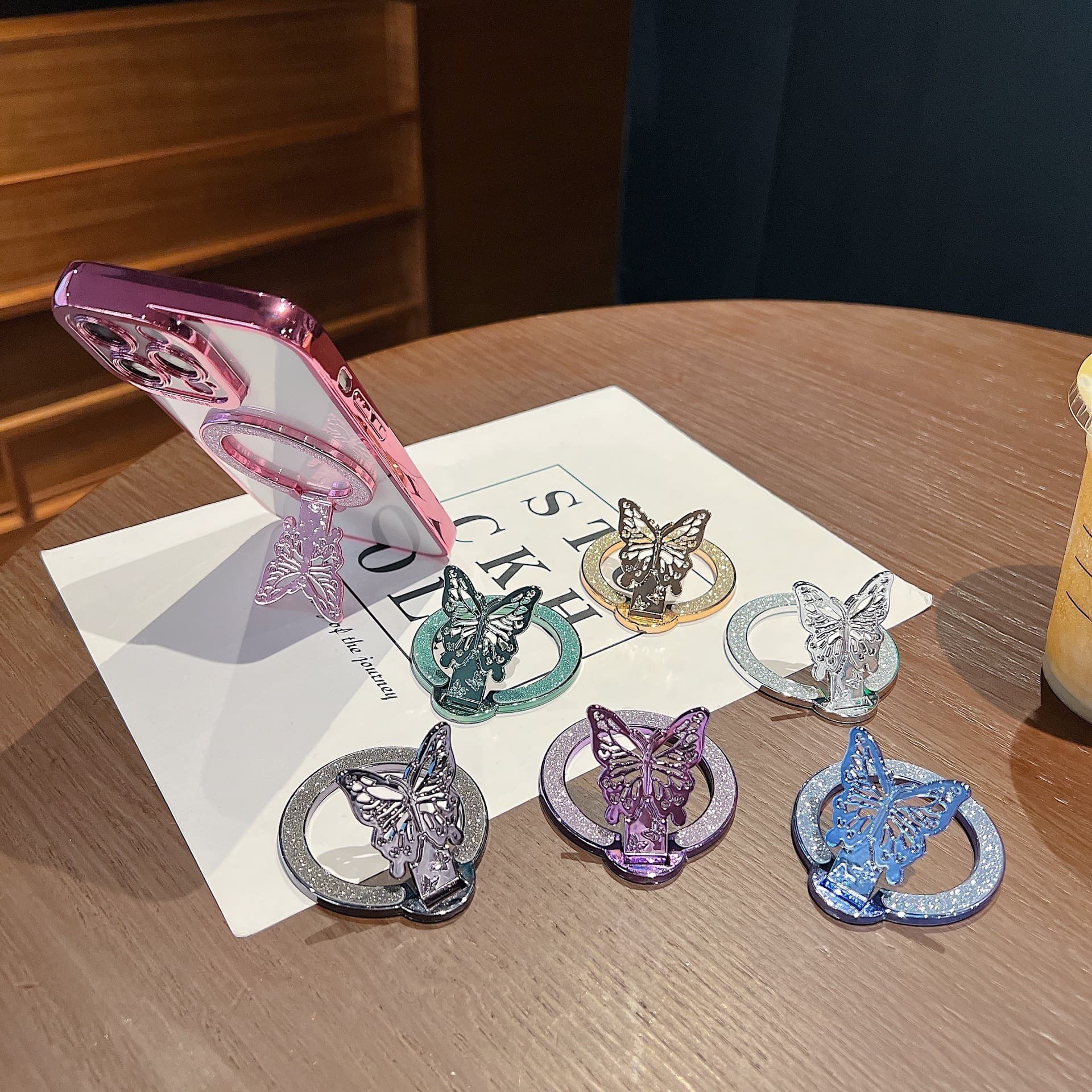 Glitter Butterfly Stand Ultra-Thin Magnetic Wireless Charging Foldable Back Adhesive Phone Case Universal Ring Stand