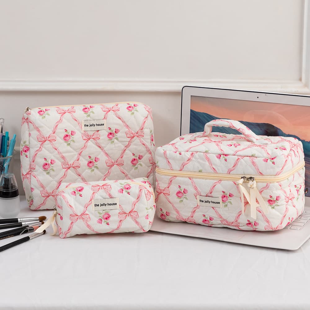 Cross-border Bow Flower Makeup Bag, High Appearance, Portable, Large Capacity, Quilted Handbag Storage Bag, Cosmetic Bag
