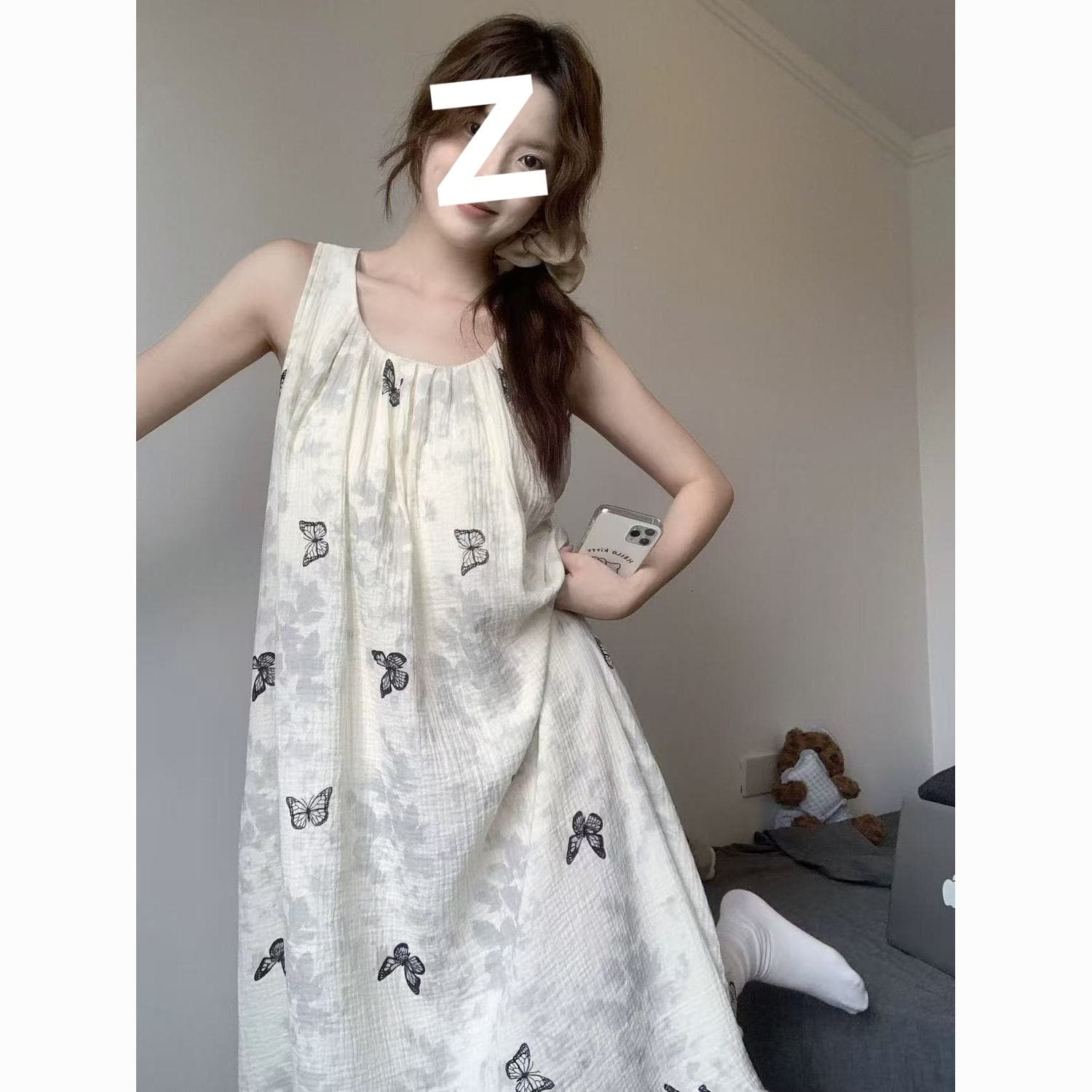 New Summer Cloud Cotton Sleep Dress with Built-in Bra, Korean Butterfly Camisole Midi Dress, Wearable as Loungewear