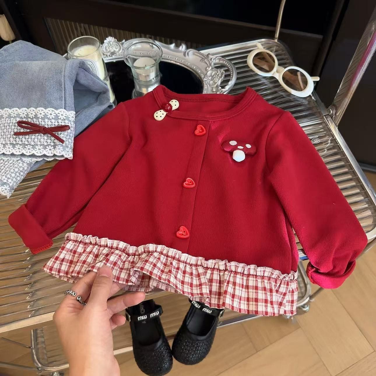 2025 Autumn New Girls' Sweatshirt, Korean Style, Casual, Versatile, Cute, Red Mushroom Patchwork Skirt Sweatshirt