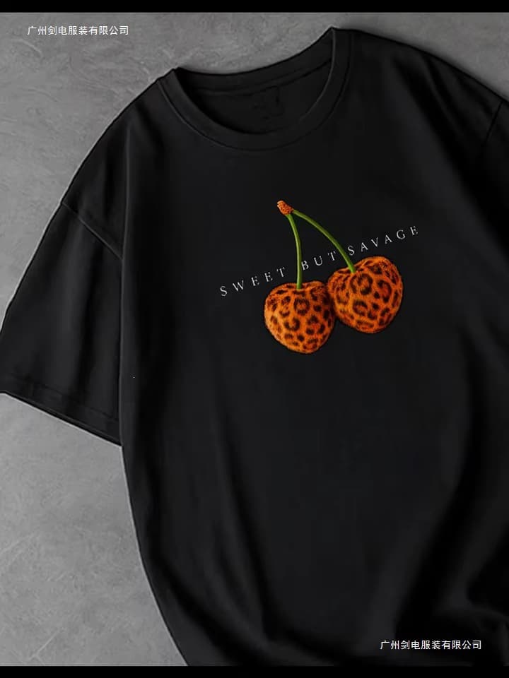 Summer Sweet and Wild Cherry Print Cotton T-Shirt for Women O-Neck Oversized T-Shirt Short Sleeve Top Casual