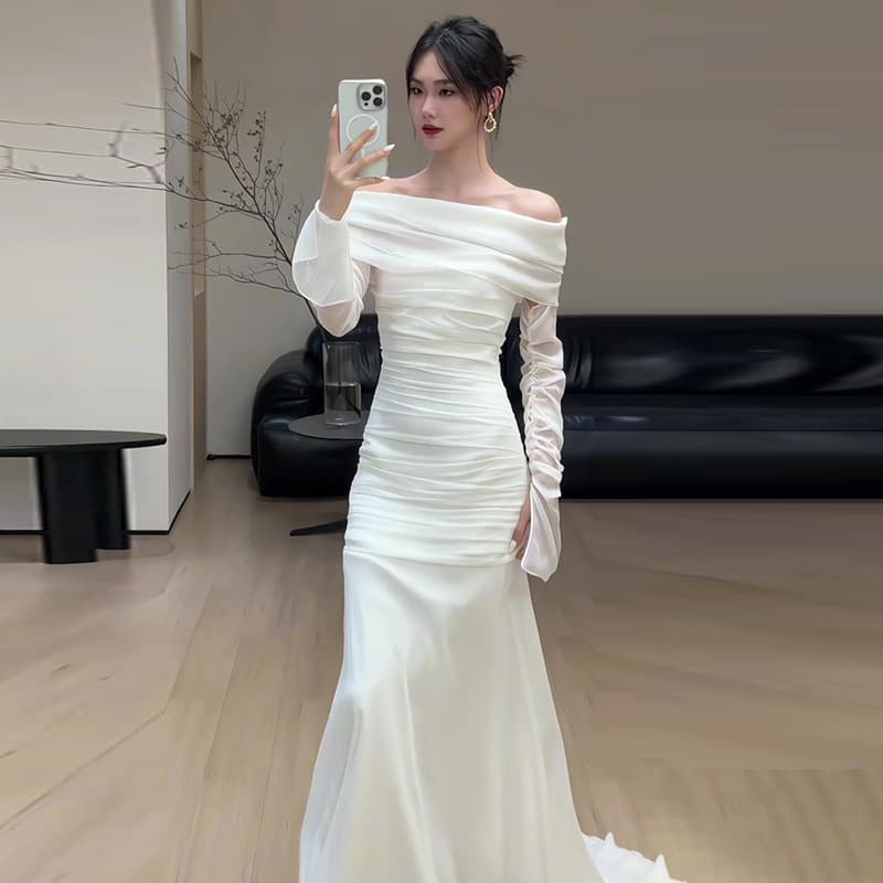 French Long Sleeve Forest Style Light Wedding Dress One-Shoulder High-End Satin Morning Robe White Engagement Mermaid Wedding Gown