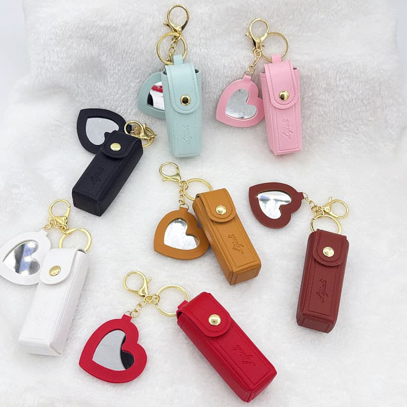 Leather Lipstick Storage Bag Carry-on with Small Mirror Keychain Mini Bag Keychain Pendant Gift Creative