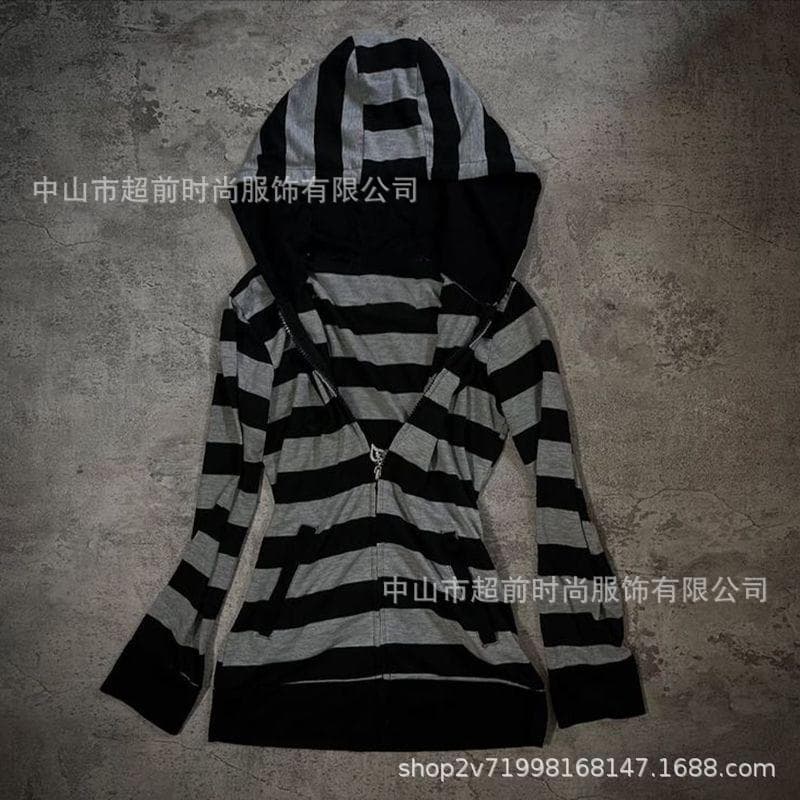American retro striped hooded sweatshirt jacket for women autumn new loose slim casual cardigan jacket