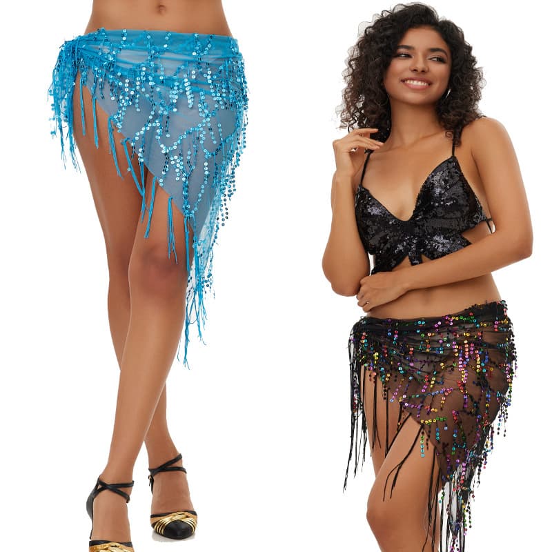 2024 New Belly Dance Waist Chain Hip Scarf Mesh Sequin Oriental Dance Triangle Scarf Tassel Practice Waist Belt for Women