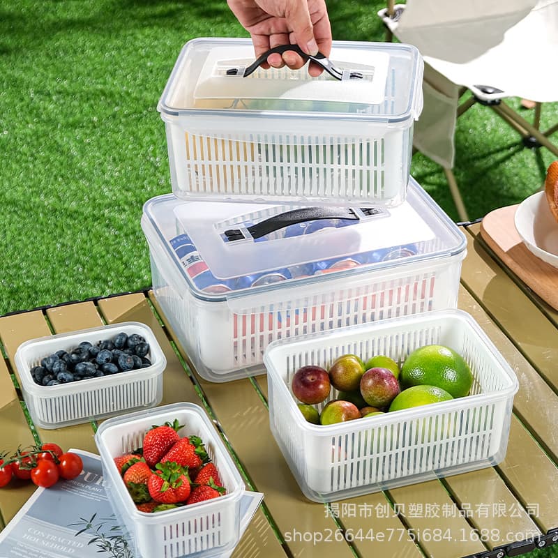 Portable Fresh-Keeping Container with Drain Basket, Large Capacity for Outdoor Camping and Spring Outings, Portable Lunch Box, Picnic Fruit Sealed Container