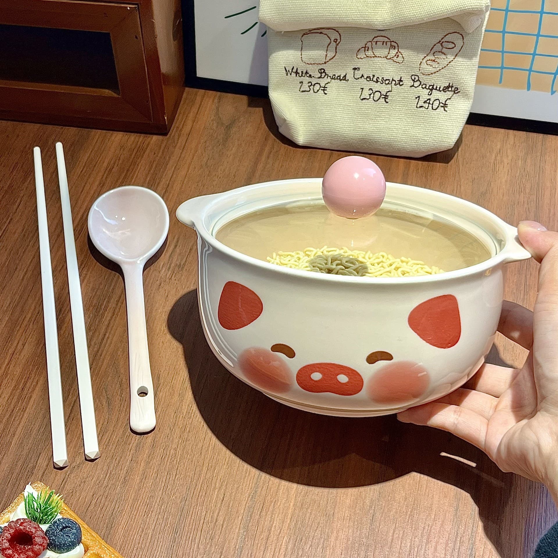 Microwaveable Bowl, Instant Noodle Bowl, Porcelain Piggy Instant Noodle Bowl, Ceramic Bowl with Lid, Large Instant Noodle Bowl, Student Rice Bowl