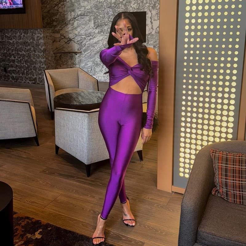 A564JP Sexy Hollow Out V-Neck Twist Knot Pure Color High Waist Long Sleeve Romper Autumn Winter New Arrival Women's Clothing
