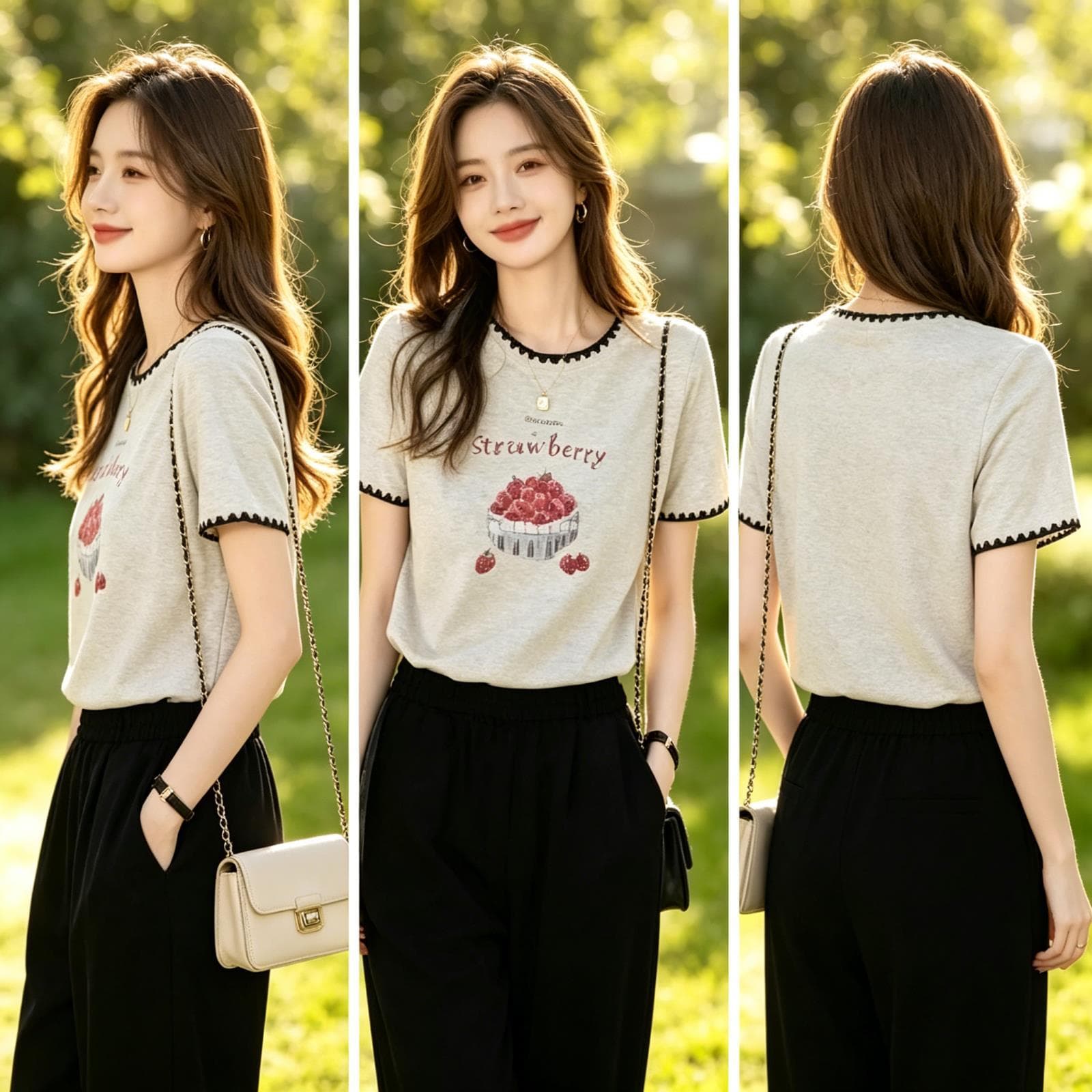 New beige pure cotton short-sleeve T-shirt for women, summer round neck, slimming, unique age-defying spliced contrasting color top, women's ins style