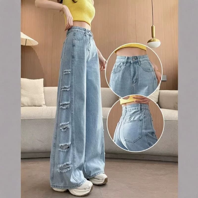 Light blue American-style ripped side jeans for women, summer thin and small, stitched brushed beggar wide-leg floor-length trousers