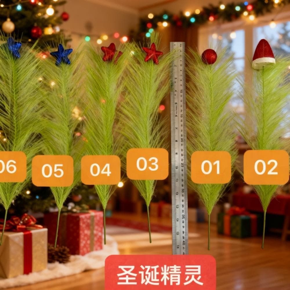 Cross-border Christmas Elf Decorations Simulated Pine Branches Christmas Branch Elf Green Curly Pampas Grass Reeds