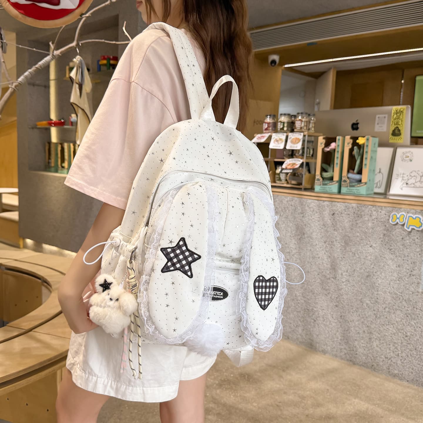 Hazy fine glitter polka dot lace bunny ear backpack Korean style soft girl gentle and versatile small backpack for class and outing