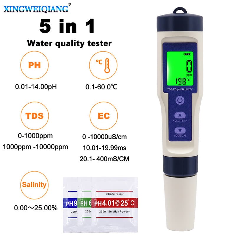 5-in-1 Salinity Meter Waterproof Salt Tester Aquarium Seawater Detector Digital Display with Backlight Water Quality Testing Analyzer