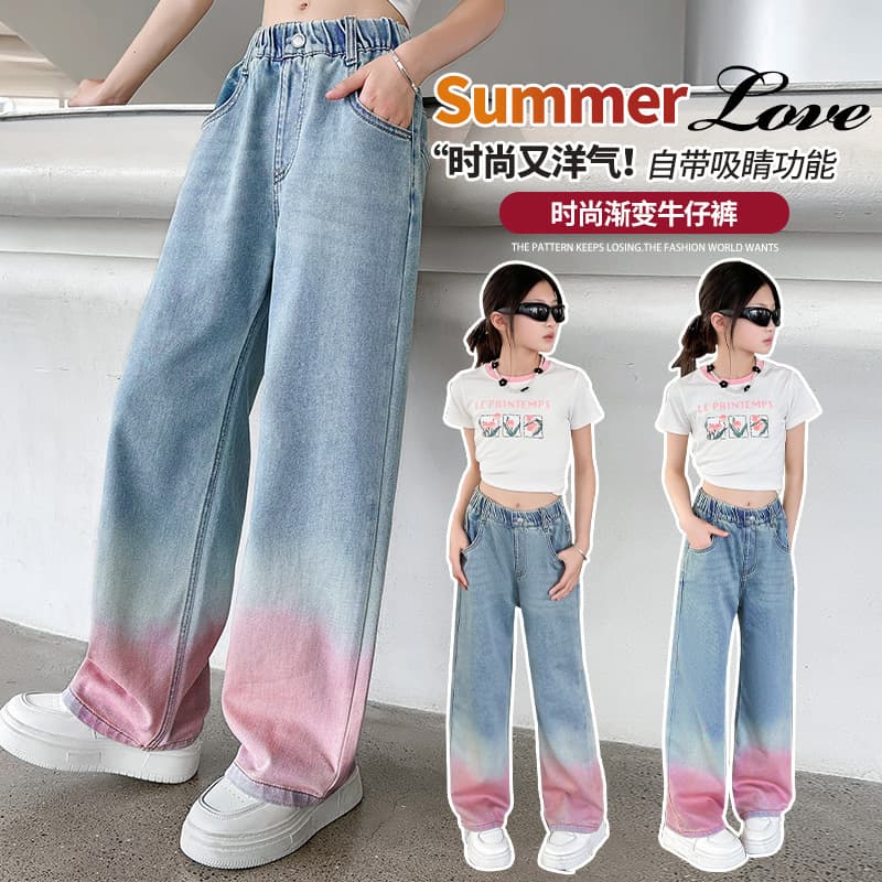 Girls' Jeans Summer 2026 New Gradient Wide-Leg Pants Straight-Leg Pants for Middle and Older Kids Fashionable Long Pants