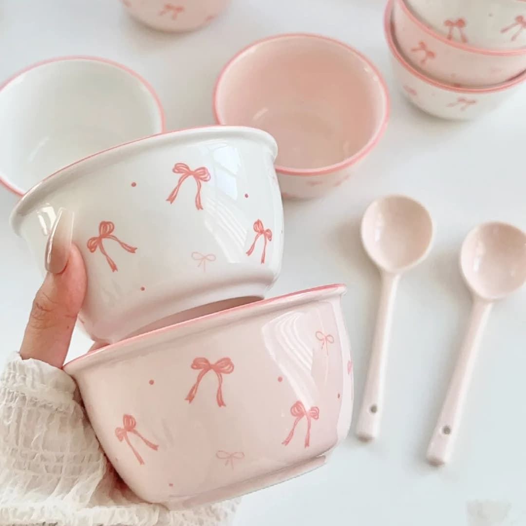 Bowl and spoon set with cream bow for girls, household ceramic underglaze color, cute and high-looking tableware, rice bowl, dessert bowl