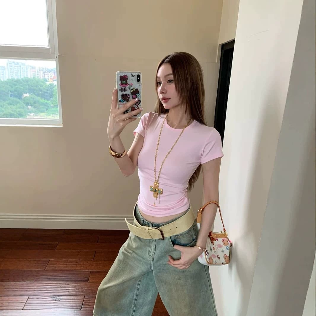 Cross-border summer hot girl Baita simple hot girl basic style right shoulder round neck waist slimming short-sleeved shirt light top