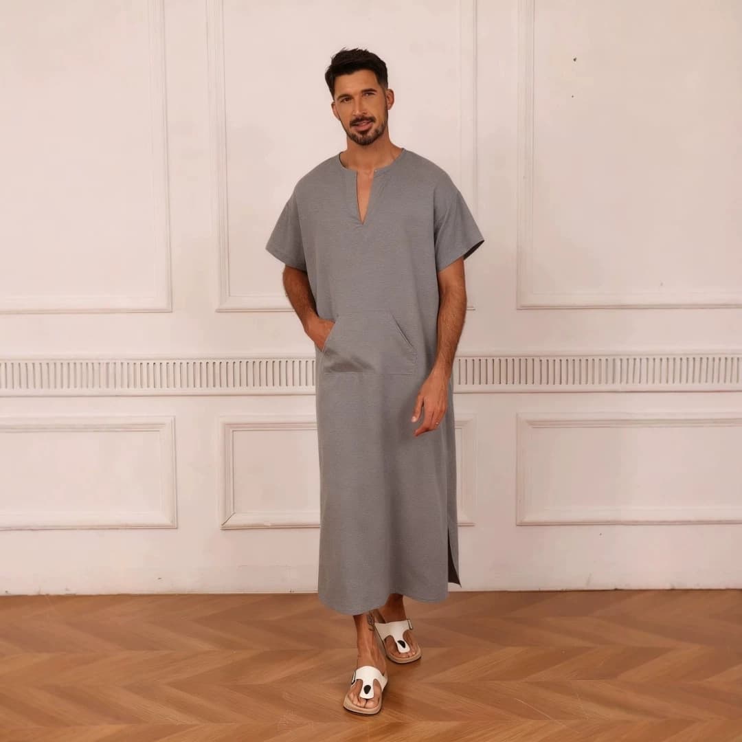 Men's V-Neck Robe, Loose Casual Retro Ethnic Style Robe, Summer Breathable Short-Sleeved Long Shirt