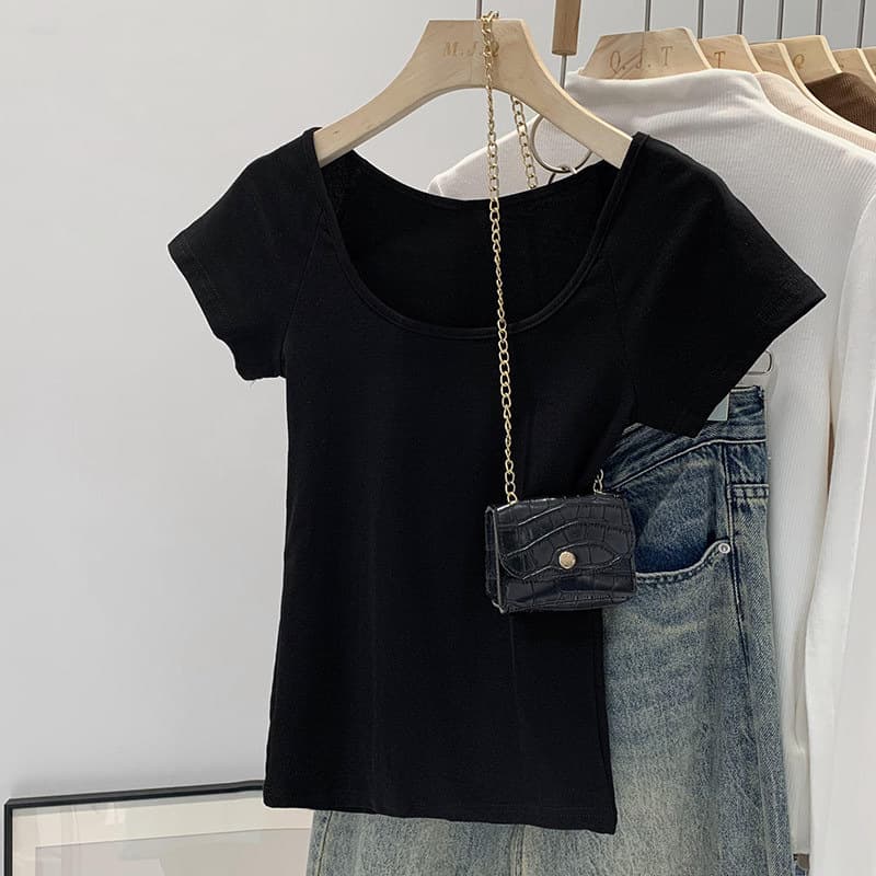Basic Versatile U-Neck Raglan Sleeve Short Sleeve T-Shirt for Women Summer Solid Color Large Neckline Slim Fit Office Top