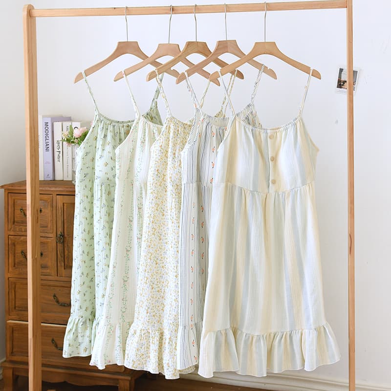 Sweet Floral Camisole Dress Pure Cotton Sleepwear Women Summer Girl Next Door Long Sleeve Full Cotton Nightgown Homewear